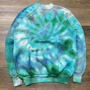 Vintage 70s Raglan Crewneck Sweatshirt Hand Tie Dyed S Blue Green Remember Win